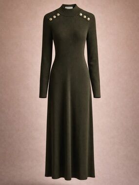 SEZANE Merino Knit Midi Dress Gold Button Mock Neck Stretch Paris Chic